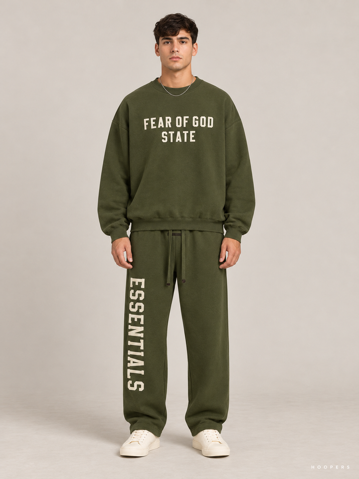 סווטשירט Fear of God Essentials – STATE ירוק זית – חזית