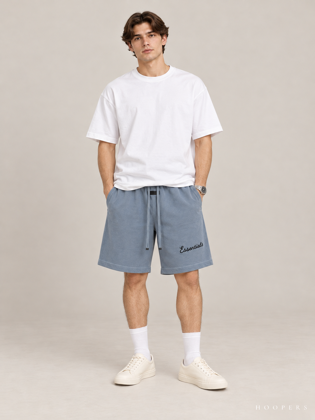 מכנס קצר Fear of God Essentials – Big Script כחול אפרפר – חזית