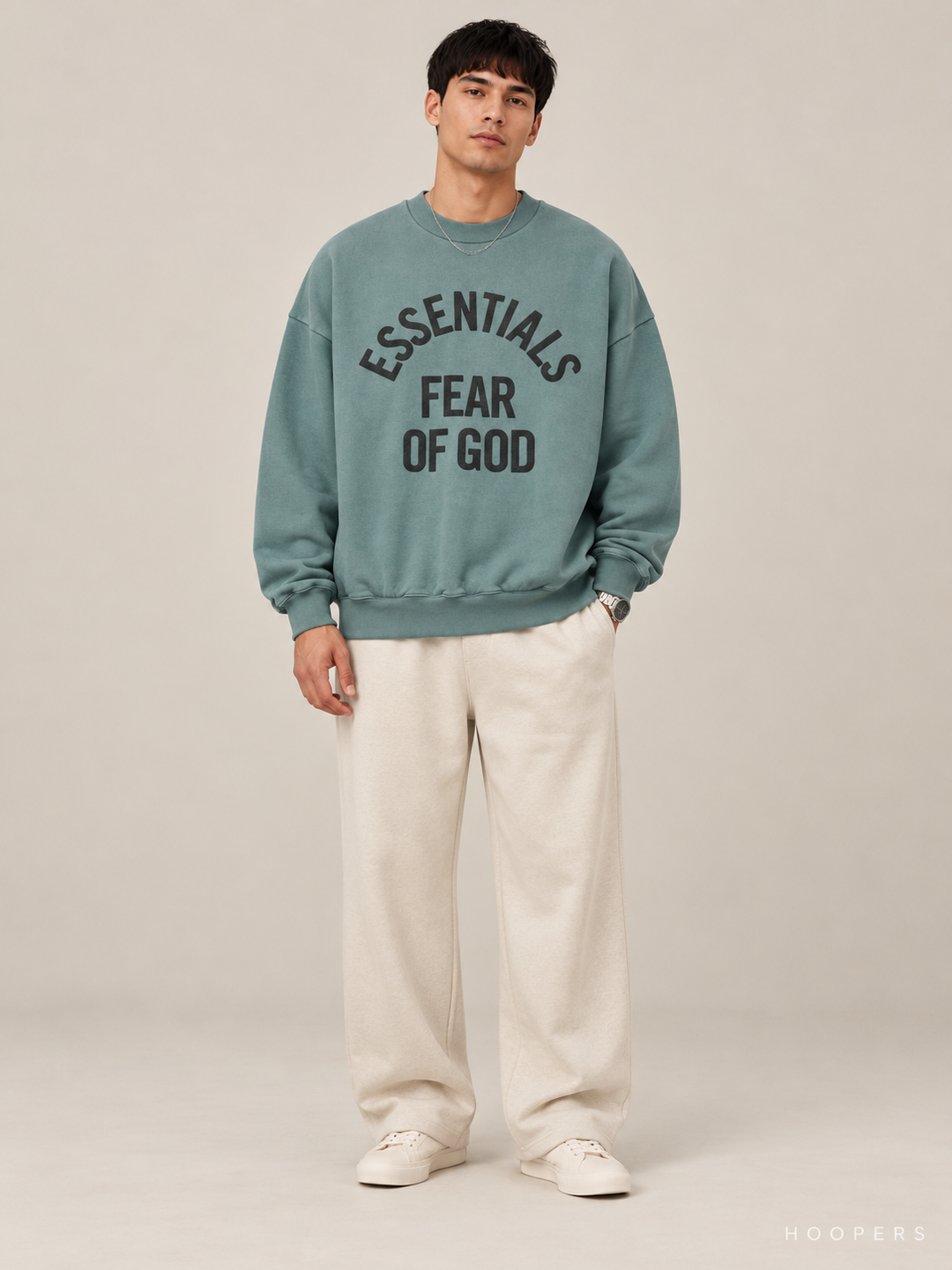 סווטשירט Fear of God Essentials – Arch Logo טורקיז מכובס – חזית