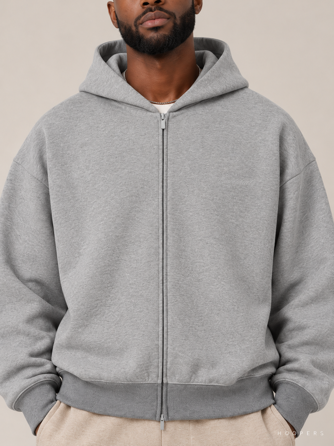 קפוצ'ון רוכסן Fear of God Essentials – Zip אפור מלאנז' – תקריב