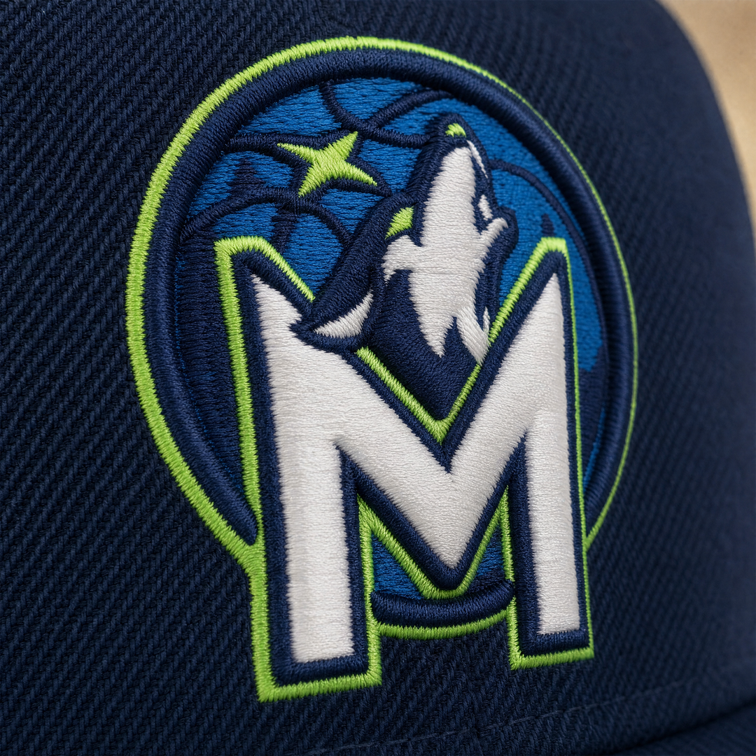 רקמת לוגו הזאב של טימברוולבס על בד נייבי - מאקרו