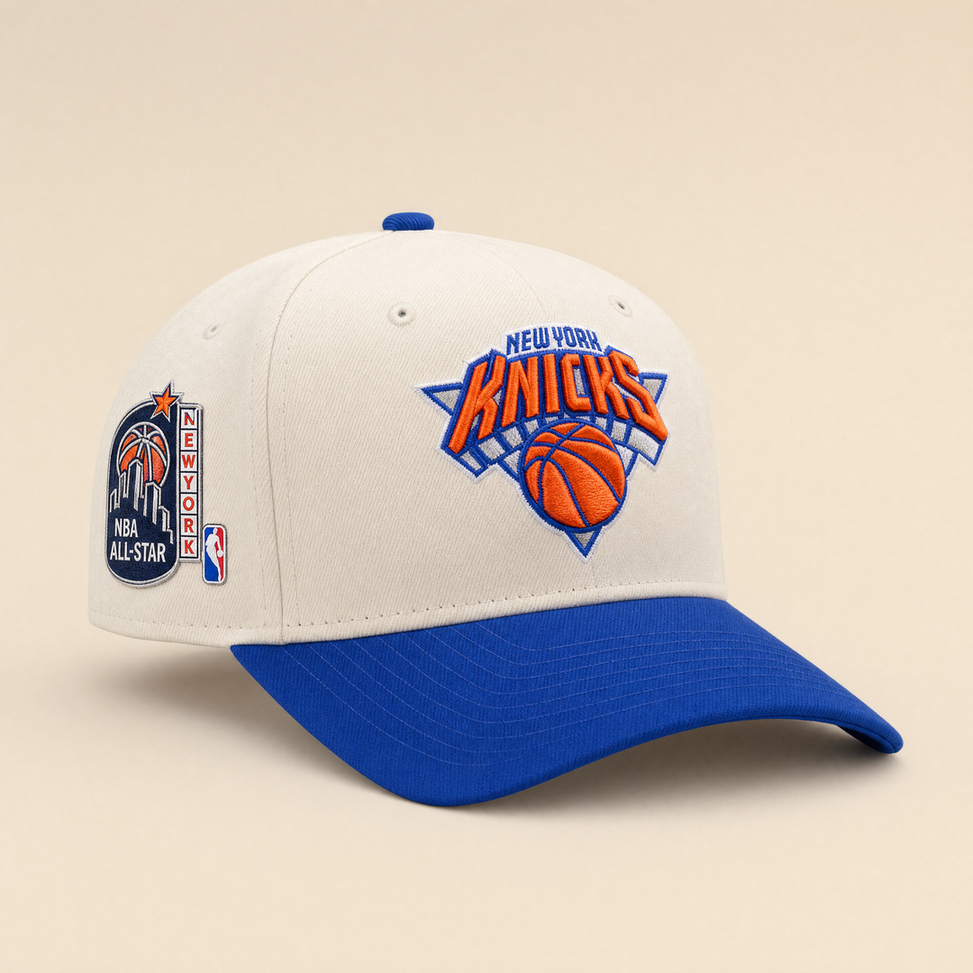 כובע NBA ניו יורק ניקס קרם וכחול – חזית עם לוגו רקום וטלאי אולסטאר