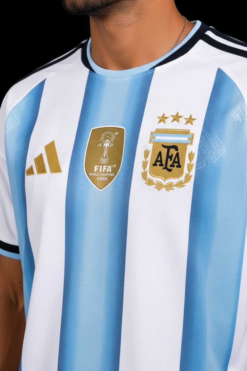 Hoopers Sky Blue Argentina World Cup home edition jersey with white and gold details. Features iconic stripes and FIFA World Champions badge.