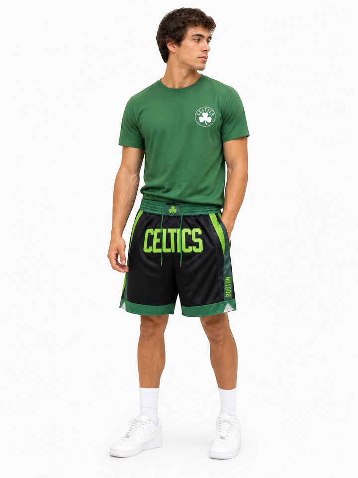 Hoopers black and green Boston Celtics basketball shorts with "CELTICS" graphic and side stripe detail.