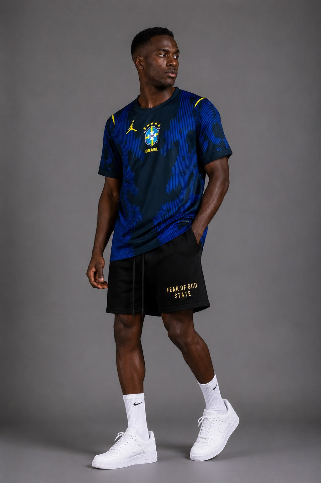 Hoopers Black Night Edition Brazil World Cup jersey with deep blue accents and graphic print. Men's athletic t-shirt.