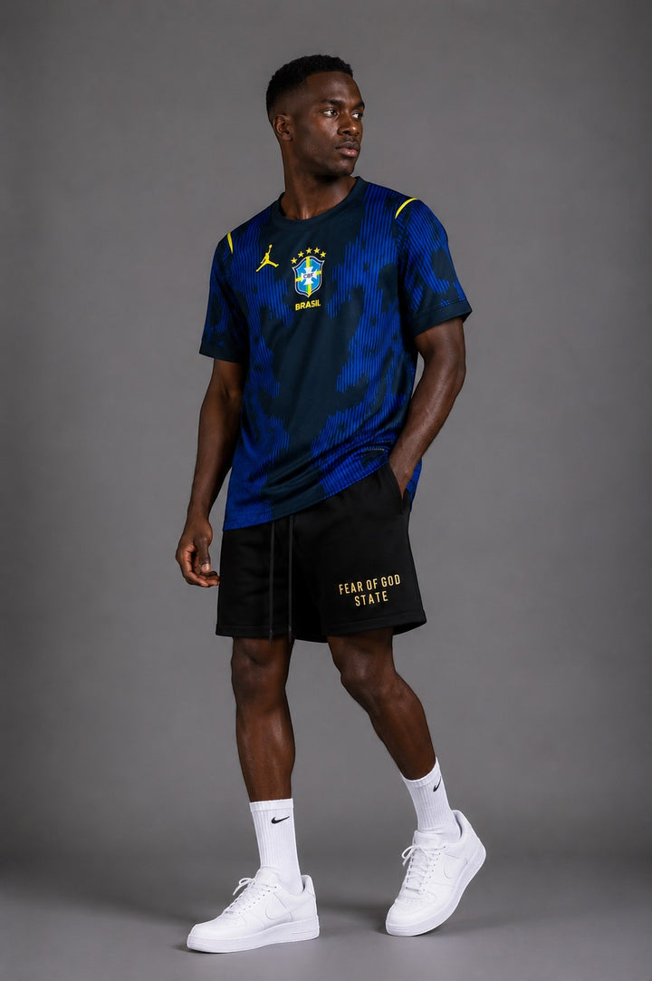 Hoopers Black Night Edition Brazil World Cup jersey with deep blue accents and graphic print. Men's athletic t-shirt.