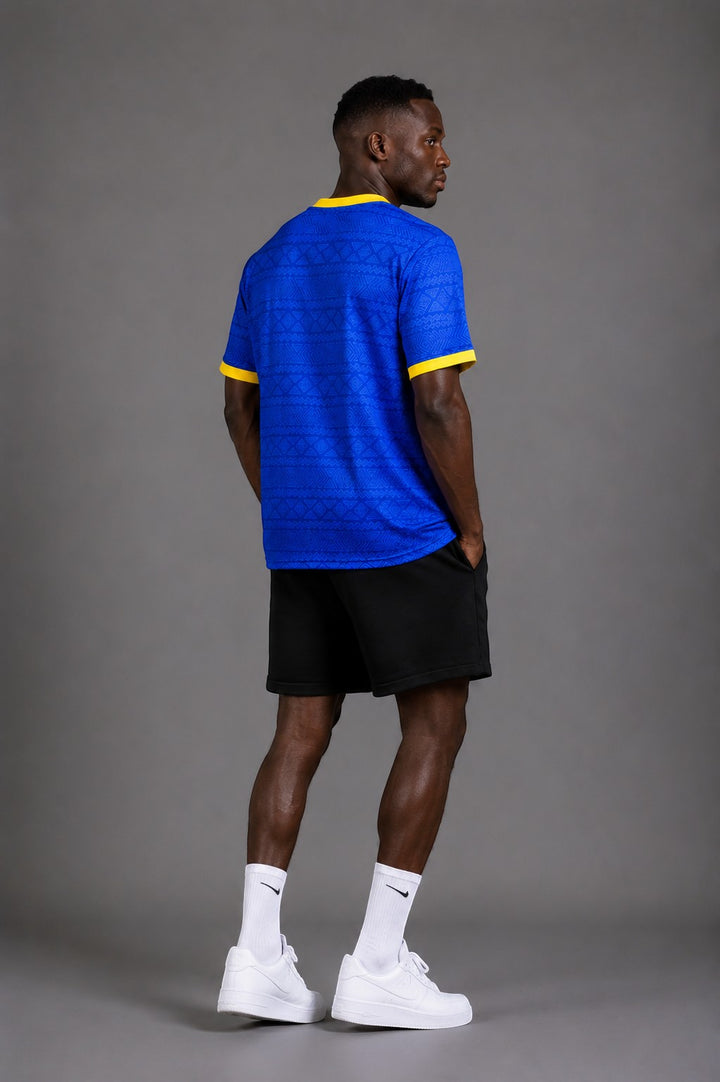 Hoopers Blue Pattern Edition Brazil World Cup jersey with yellow trim and subtle geometric pattern. Men's short sleeve shirt.
