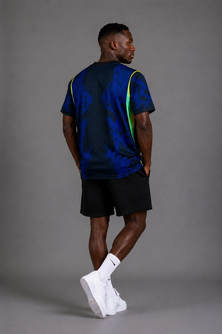 Hoopers Black Night Edition Brazil World Cup t-shirt with blue and neon green accents. Short-sleeved, crew neck.