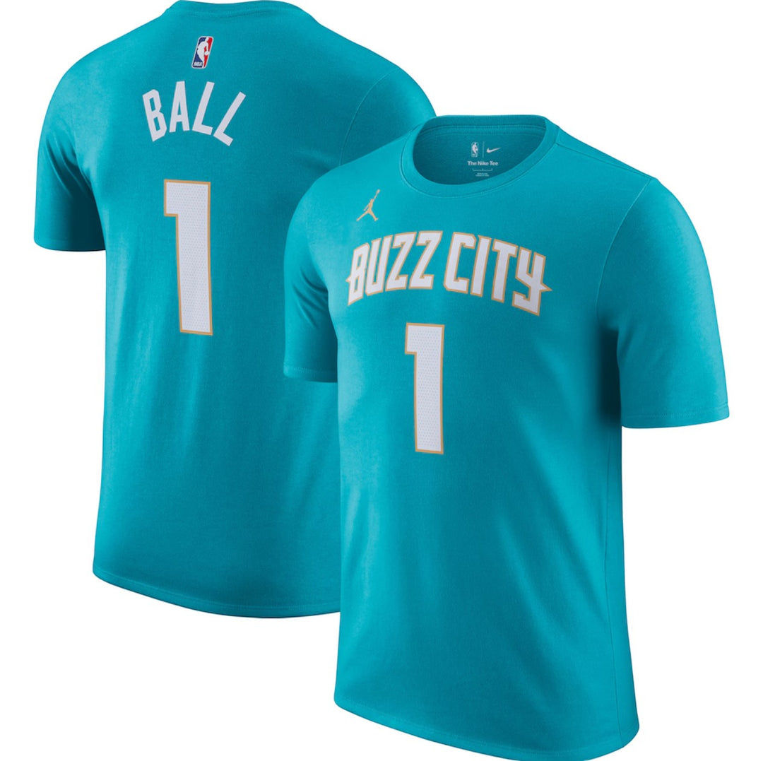 Hoopers Charlotte Hornets LaMelo Ball City Edition turquoise NBA t-shirt with "Buzz City" graphic and number 1.