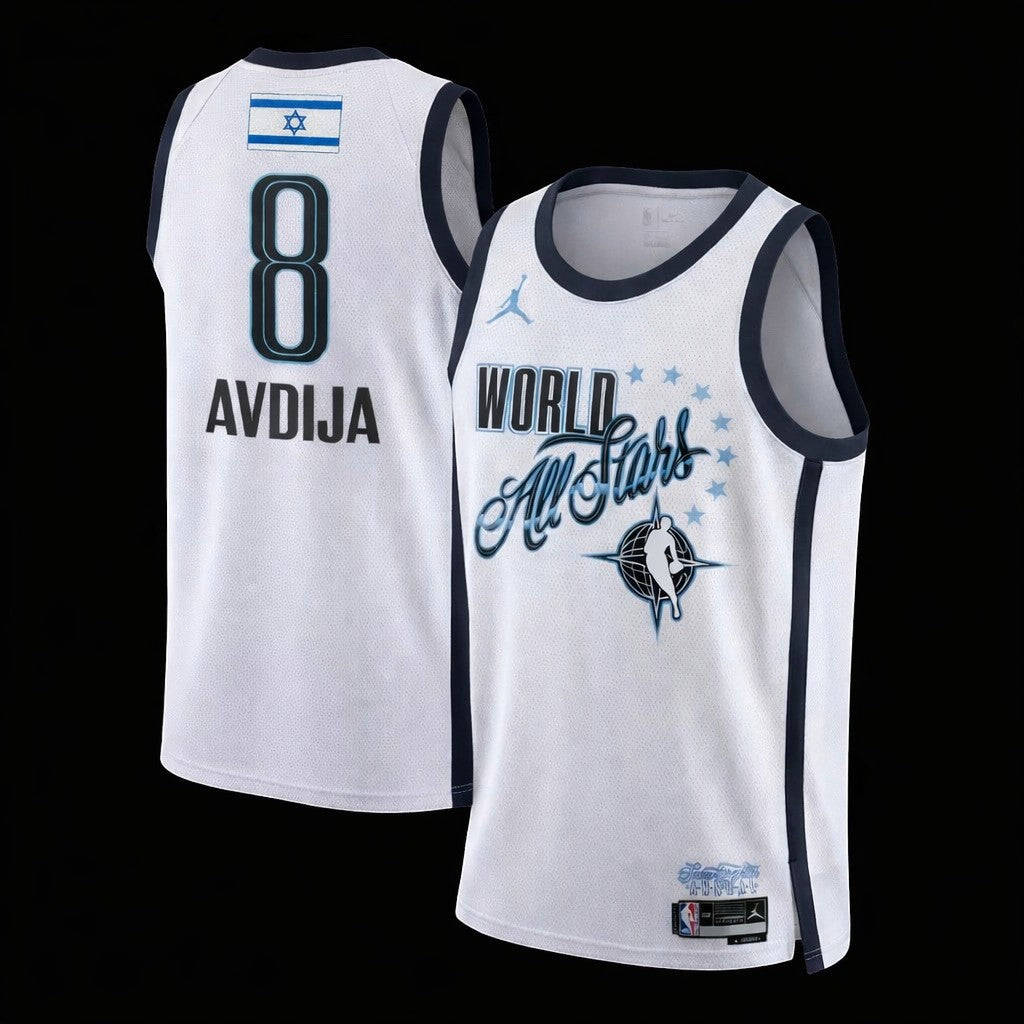 Hoopers white NBA All-Star 2026 jersey for Deni Avdija, featuring "WORLD All Stars" text and the Israeli flag.