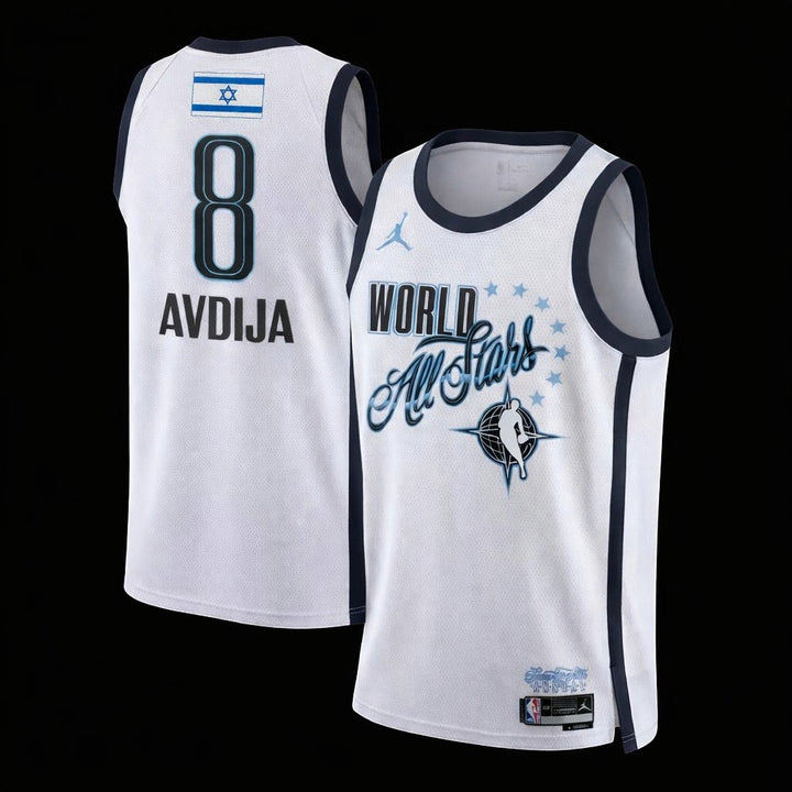 Hoopers white NBA All-Star 2026 jersey for Deni Avdija, featuring "WORLD All Stars" text and the Israeli flag.