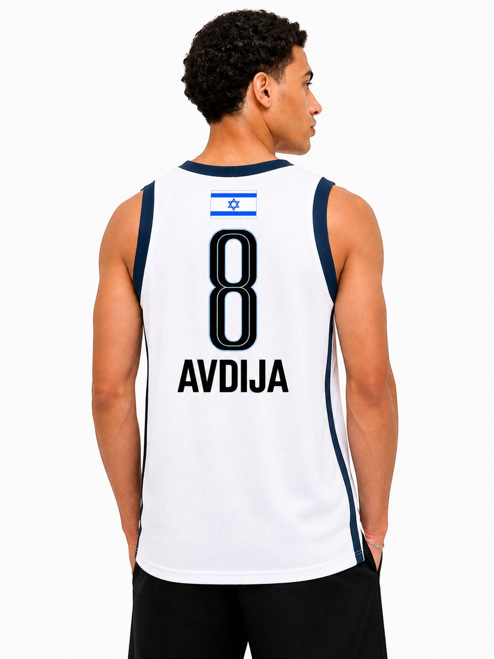 Hoopers white NBA All-Star jersey with navy trim, featuring Deni Avdija's name and number 8, and the Israeli flag.