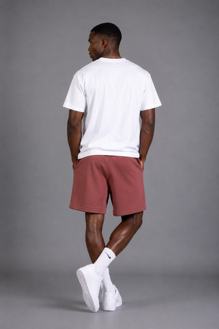 Hoopers Fear Of God Rose Clay sweatshorts for men. Oversized fit, drawstring waist, side pockets. Comfortable cotton blend.