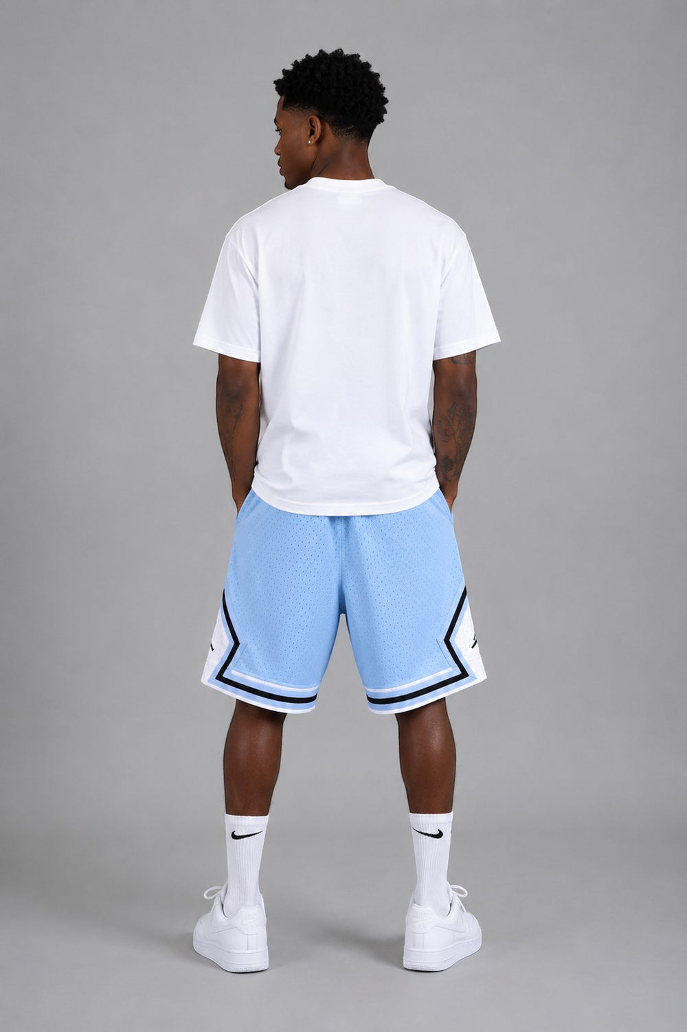 Hoopers men's ice blue mesh basketball shorts with white and black trim, classic fit.