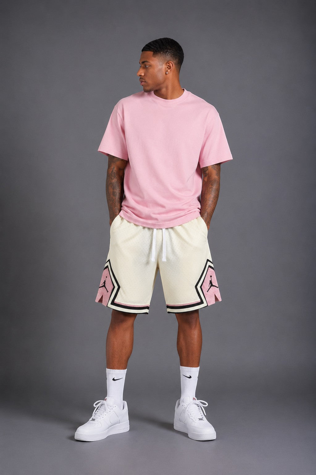Hoopers Jordan Cream Rose Edition mesh shorts in cream with pink and black trim. Men's streetwear.