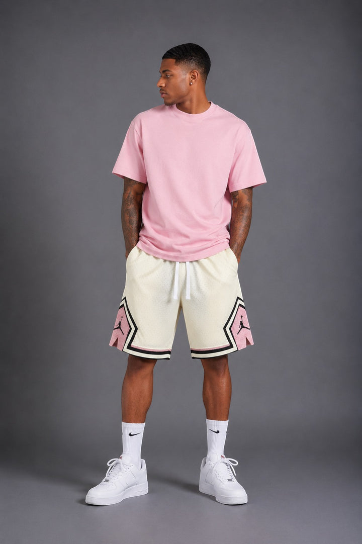 Hoopers Jordan Cream Rose Edition mesh shorts in cream with pink and black trim. Men's streetwear.