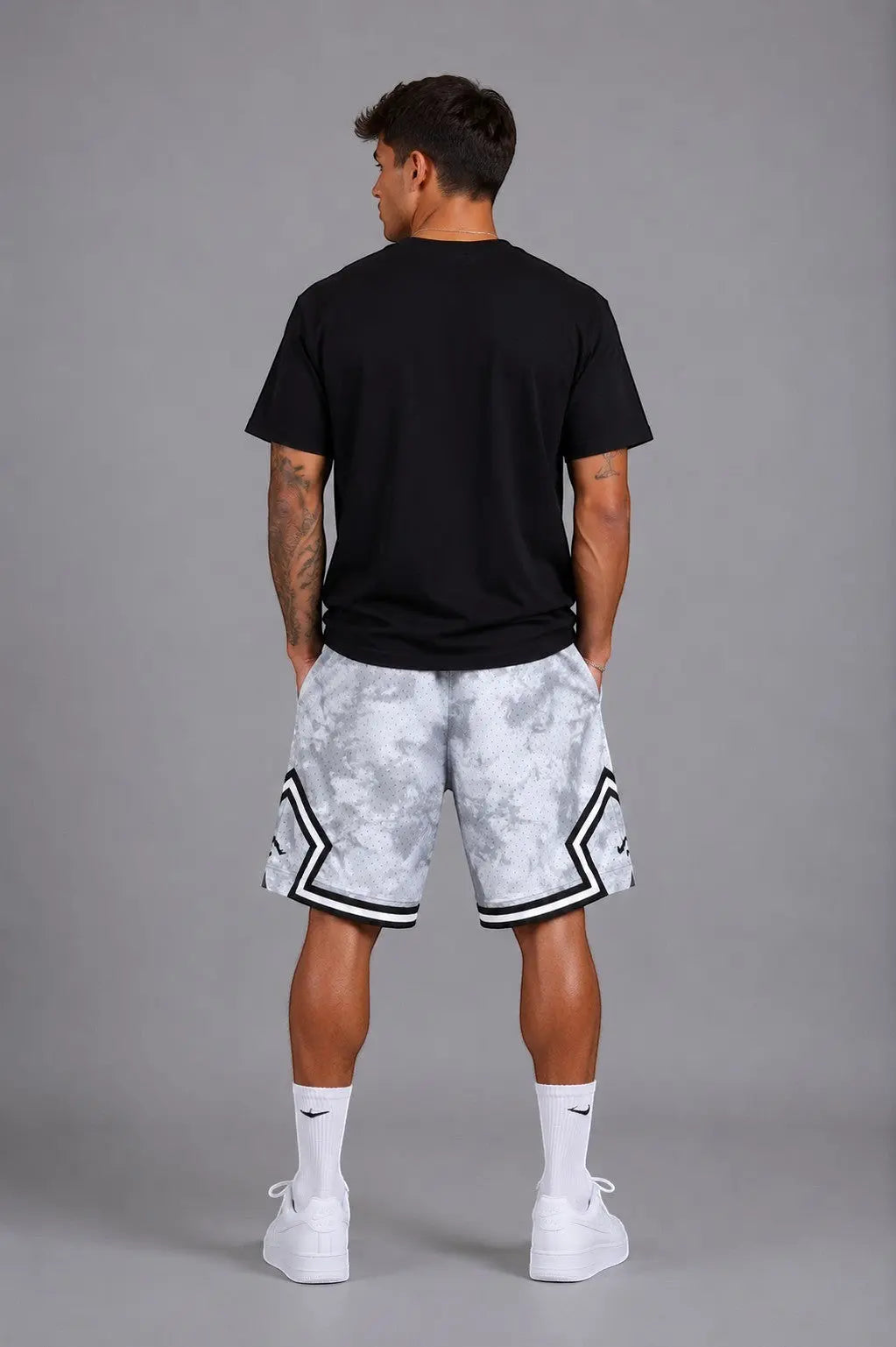 Hoopers men's Jordan Ice Smoke basketball shorts in grey with a tie-dye pattern and white trim.