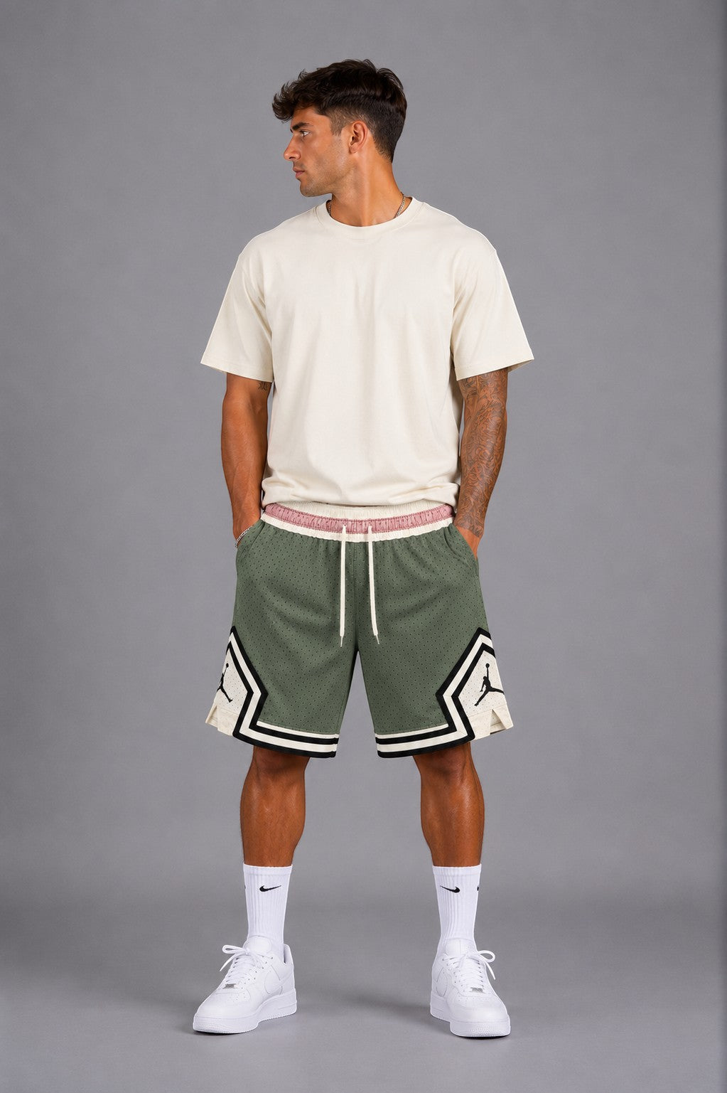 Hoopers men's Jordan shorts in olive green and cream mesh with embroidered logos and a comfortable oversized fit.