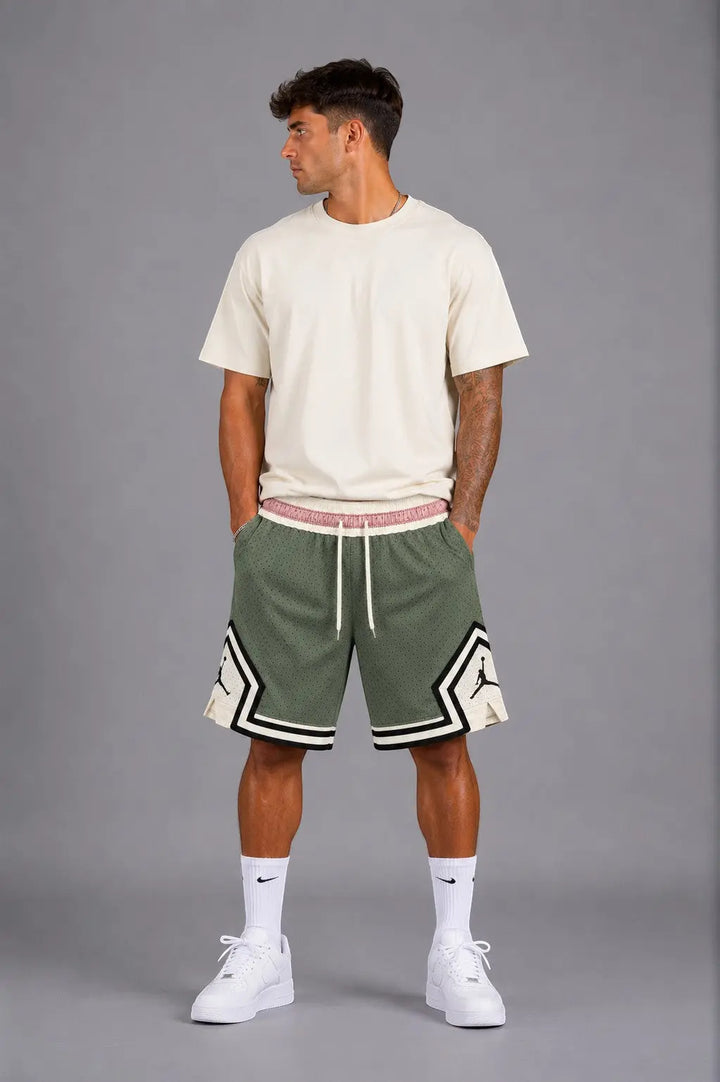 Hoopers men's Jordan shorts in olive green and cream mesh with embroidered logos and a comfortable oversized fit.