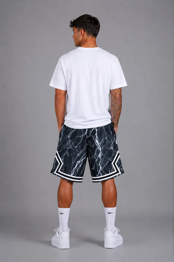 Hoopers men's black marble print basketball shorts with white lightning accents and white trim.