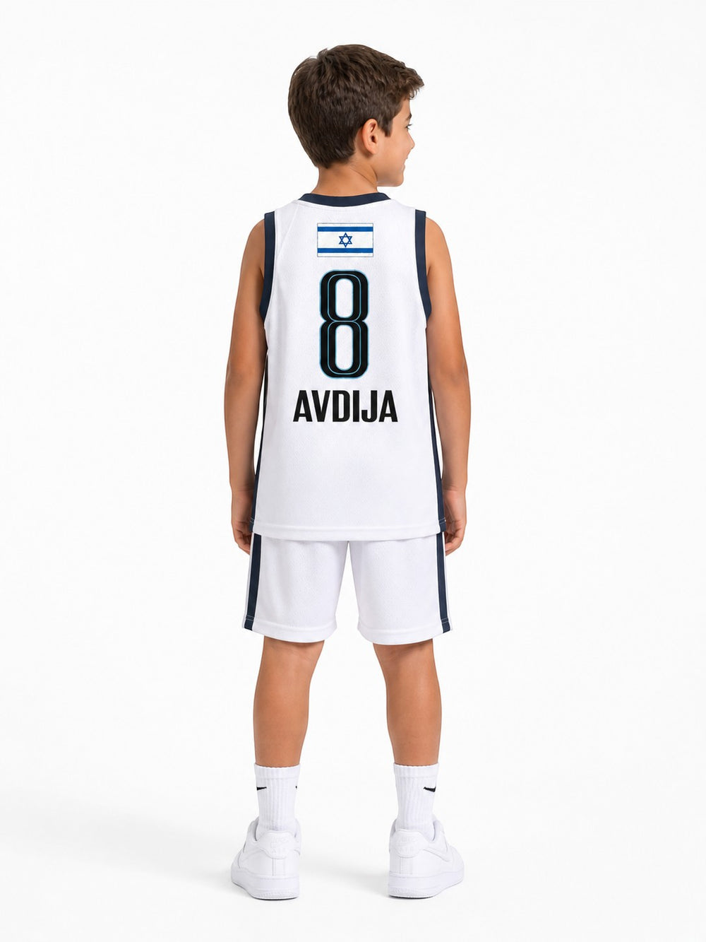 Hoopers kids white NBA jersey and shorts set with Avdija 8 and Israel flag