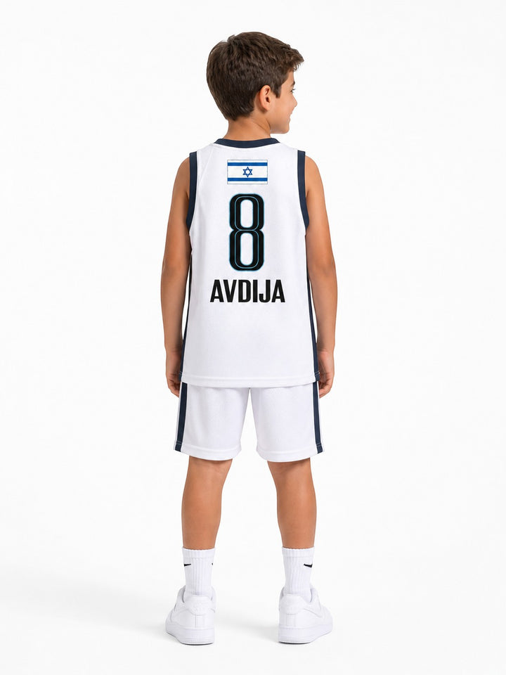 Hoopers kids white NBA jersey and shorts set with Avdija 8 and Israel flag