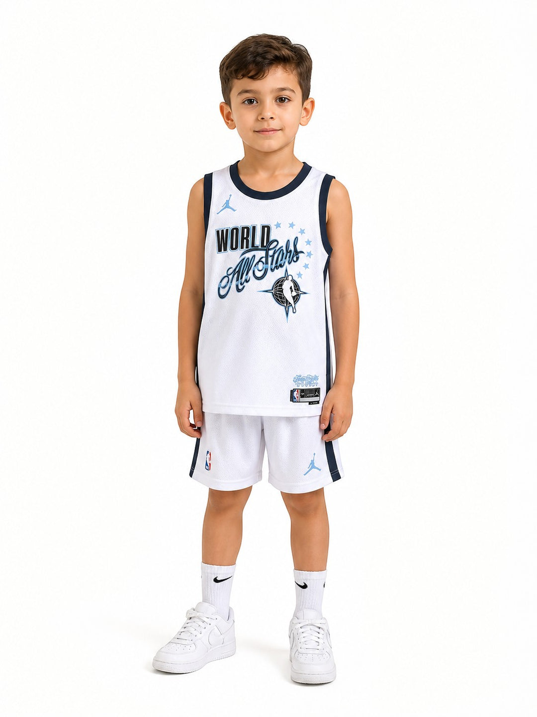Hoopers kids' white NBA All-Star jersey with navy trim and blue accents, featuring "WORLD All Stars" graphic.