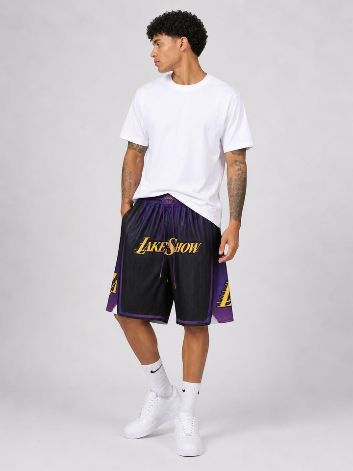Hoopers men's black and purple Lakers edition mesh basketball shorts with "LakeShow" graphic. 100% polyester.