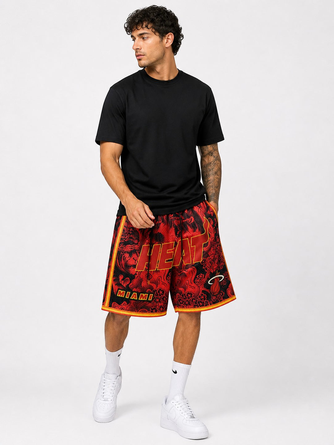 Hoopers Miami Heat premium red and black basketball shorts with dragon graphics and mesh fabric.