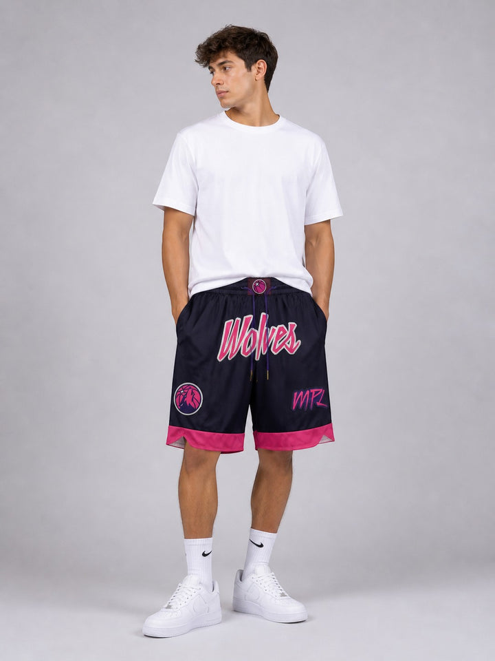 Hoopers men's navy NBA shorts with pink trim, featuring 'Wolves' and 'MPL' graphics. Made of lightweight, breathable mesh.