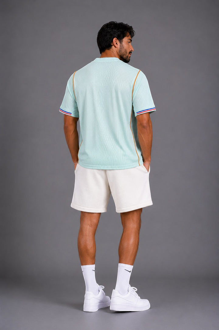 Hoopers mint green short sleeve t-shirt with retro trim on sleeves and collar, relaxed fit.