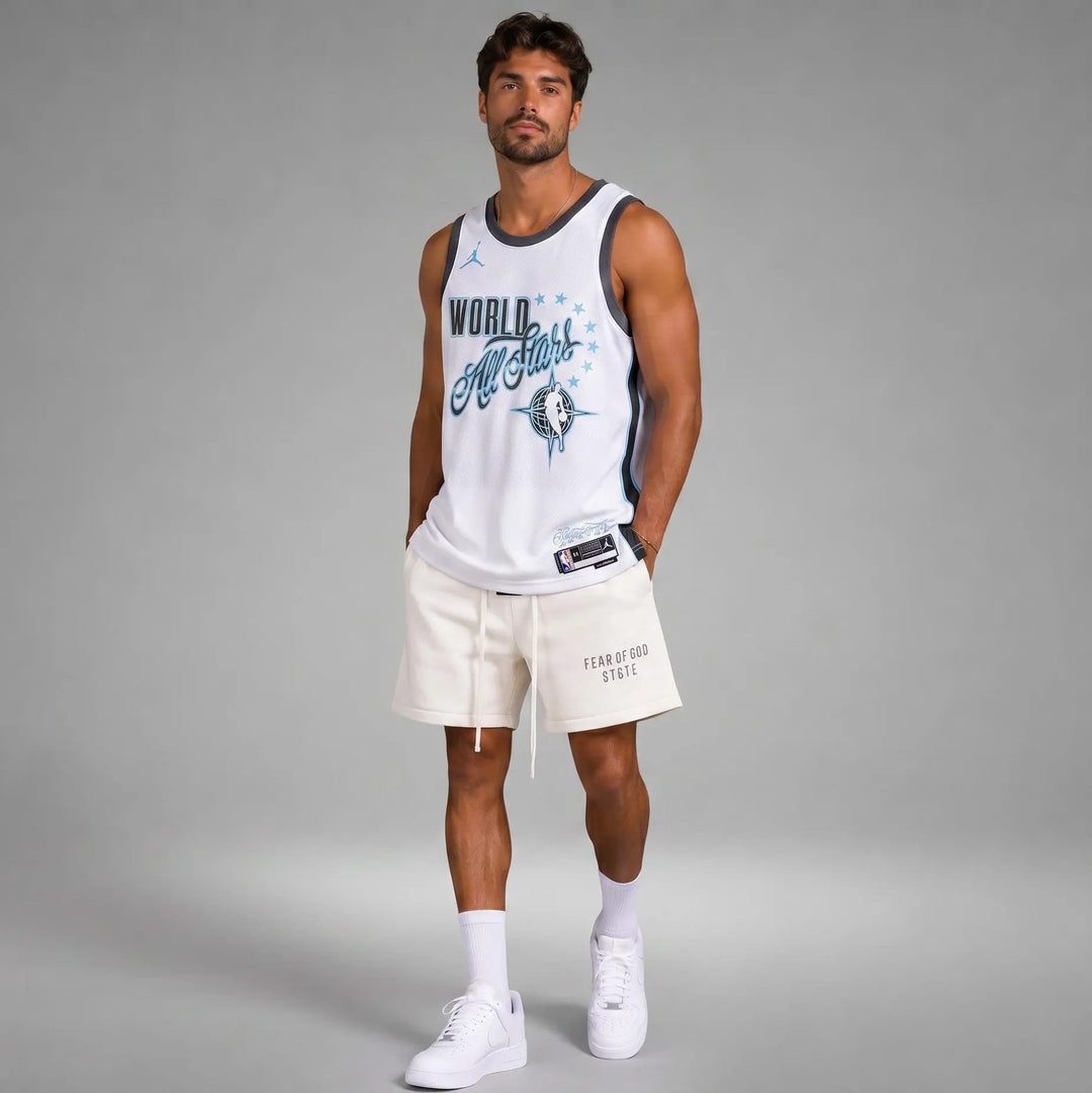 Hoopers white NBA All-Star 2026 jersey for Shai Gilgeous-Alexander, featuring World All-Stars graphics and black trim.