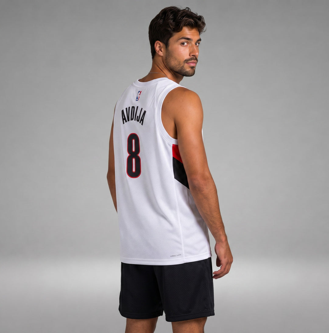 Hoopers white NBA jersey with Avdija 8 on the back. Features red and black accents on the side.