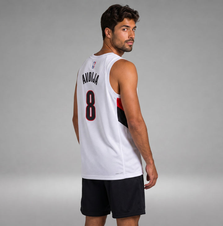 Hoopers white NBA jersey with Avdija 8 on the back. Features red and black accents on the side.