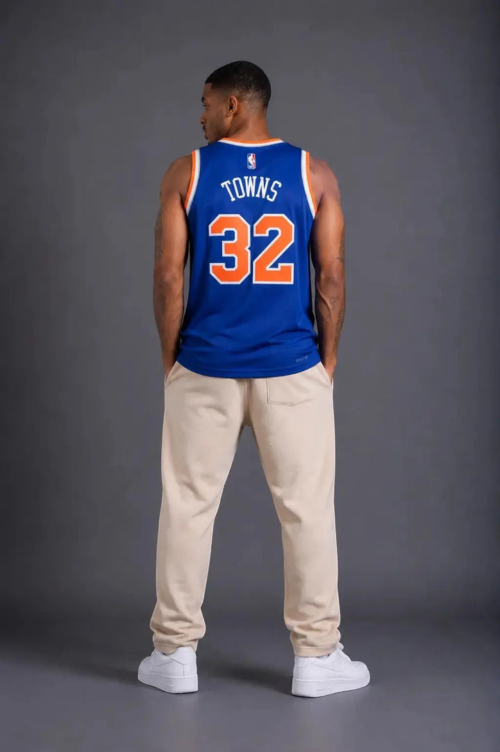 Hoopers blue New York Knicks Karl-Anthony Towns #32 NBA jersey with orange trim, polyester