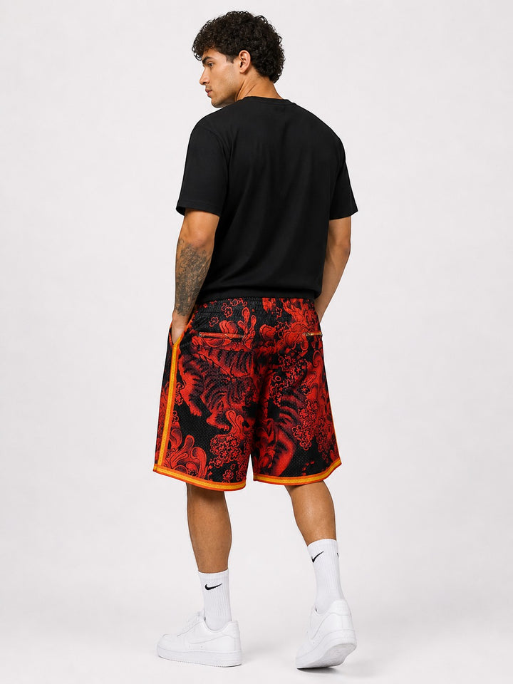 Hoopers men's red and black mesh basketball shorts with dragon graphic print and yellow trim