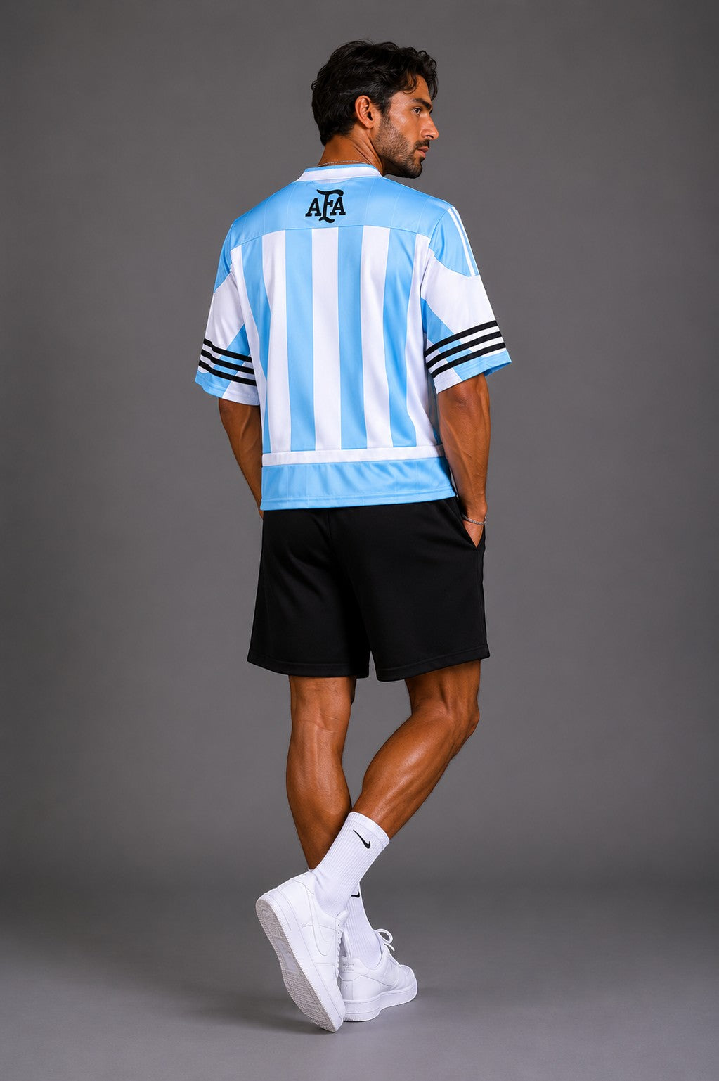 Hoopers light blue and white striped retro long sleeve soccer jersey with black accents and AFA logo.