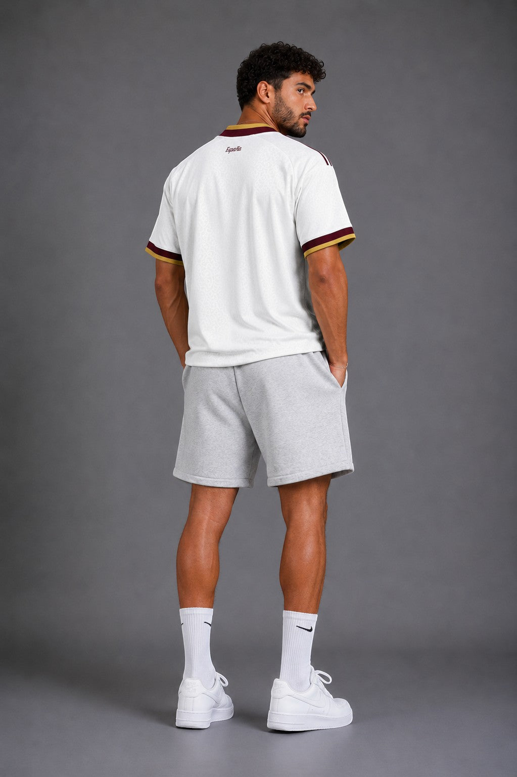 Hoopers white retro Spain World Cup football shirt with burgundy and gold trim, relaxed fit.