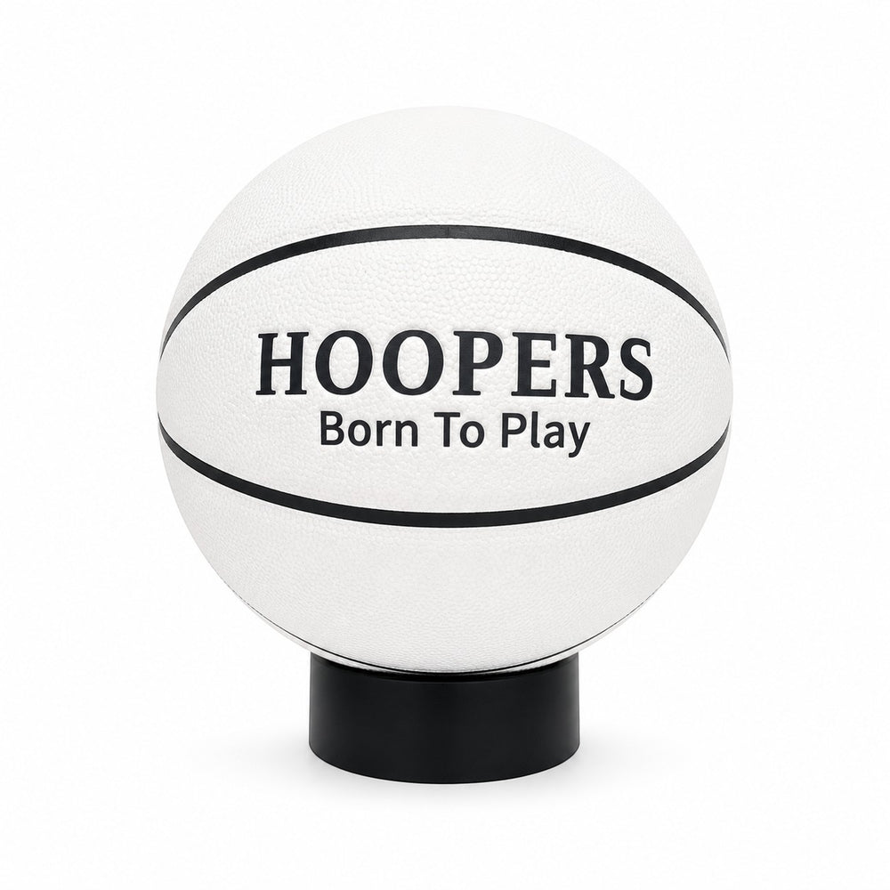 Hoopers white basketball with black lines, "HOOPERS Born To Play" text, and Israeli flag detail. Official size 7/5.