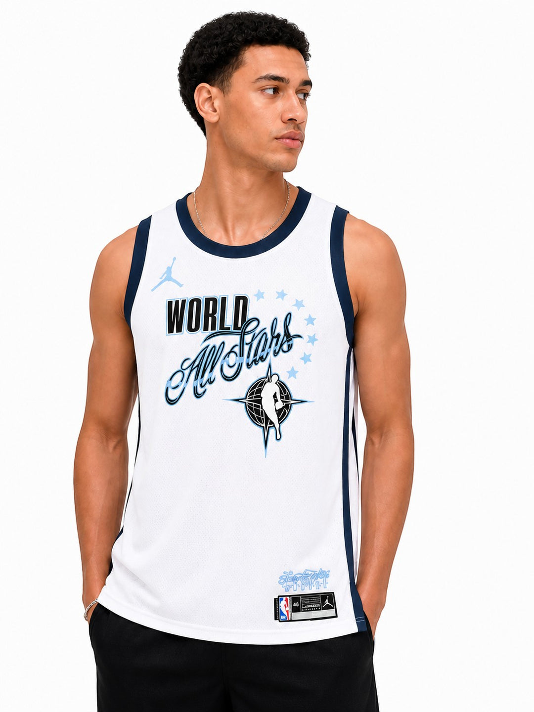 Hoopers white NBA All-Star 2026 jersey with navy trim, featuring "WORLD All Stars" graphic and basketball player silhouette.