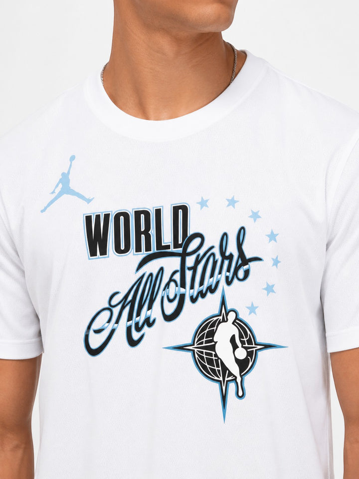 Hoopers white NBA All-Star 2026 World team t-shirt with blue and black graphics. Features Dri-FIT technology.