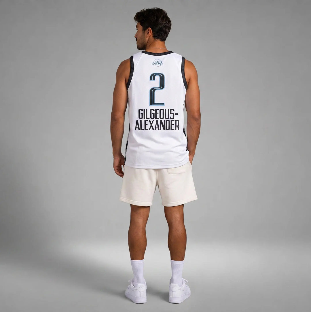 Hoopers white NBA World All-Stars 2026 jersey with light blue accents, featuring Shai Gilgeous-Alexander's name and number 2.