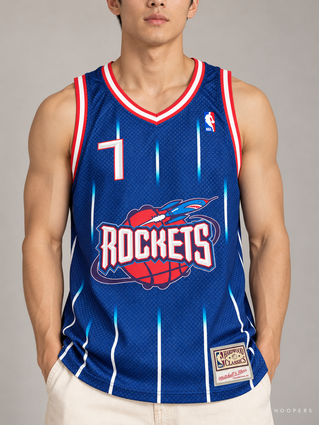 גופיית NBA ג'רמי לין יוסטון רוקטס – כחול פסים רטרו – תקריב חזית