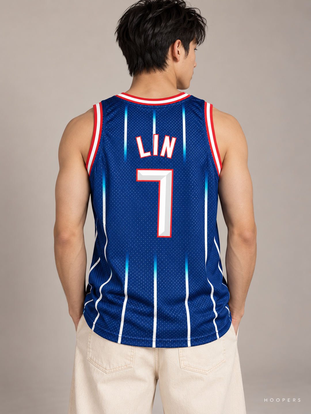 גופיית NBA ג'רמי לין יוסטון רוקטס – כחול פסים רטרו – תקריב גב