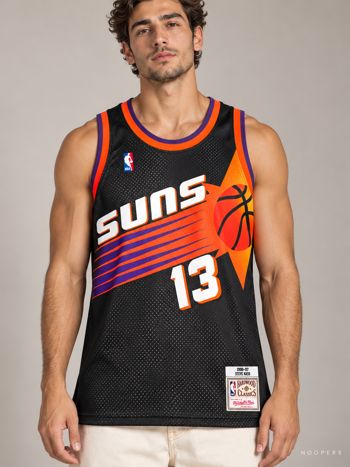 גופיית NBA סטיב נאש פיניקס סאנס – שחור רטרו 1996/97 – תקריב חזית