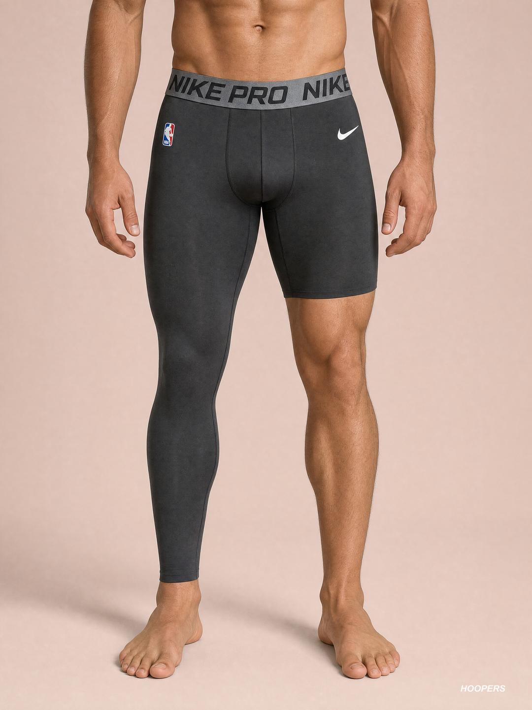 טייץ כדורסל שחור רגל אחת PRO – מבט קדמי, חגורת NIKE PRO ולוגו NBA | HOOPERS
