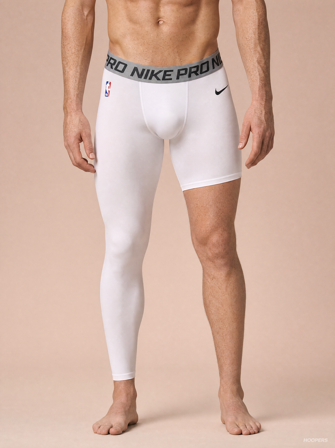 טייץ כדורסל לבן רגל אחת PRO – מבט קדמי, חגורת NIKE PRO ולוגו NBA | HOOPERS